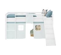 Homestyle4u Lit mezzanine, avec toboggan, sommier à lattes, matelas 90 x 200 cm, blanc, en bois de pin, avec rideau vert menthe, article 2944