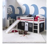 Homestyle4u Lit Mezzanine Enfant 90x200 cm Blanc avec Toboggan | Bois Massif de pin Rideau Noir | sans sommier à Lattes