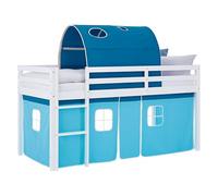 Homestyle4u Lit mezzanine, pour enfant, 90 x 200 cm, bleu clair, avec protection anti-chute, rideau en bois de pin massif, sommier à lattes, tunnel de lit