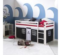 Homestyle4u Lit mezzanine pour enfant pirate blanc noir 90 x 200 cm en bois avec échelle, matelas et sommier à lattes
