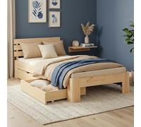 Homestyle4u Lit simple 90 x 200 cm - En bois massif naturel - Avec espace de rangement - Avec sommier à lattes et 2 tiroirs - 90 x 200 cm - En bois de pin - Pour enfants, adolescents et chambres