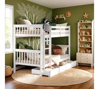 Homestyle4u, Lit superposé, pour 2 enfants, 90 x 200 cm, blanc, avec escalier, matelas et tiroir de lit, lit mezzanine, transformable, 2 lits d'enfant, lit superposé, double 90 x 200 cm, en bois de