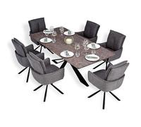 Homestyle4u Lot de 6 chaises de salle à manger avec table 200 x 100 cm, pour 6 personnes, pivotantes, rembourrées, anthracite