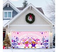 HOMETITUTE Bannière de porte de garage de Noël 4 x 1,8 m - Motif maison en pain d'épices - Toile de fond avec arbres de Noël violets, flocons de neige, étoiles lumineuses - Décoration d'extérieur