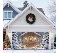 HOMETITUTE Bannière de porte de garage de Noël 4 x 1,8 m - Toile de fond d'hiver avec arbres de Noël, couronne de Noël, boîtes cadeaux, lumières extérieures, arrière-plan photo, décoration de