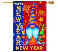 HOMETITUTE Drapeau de maison « Happy New Year » - 71,1 x 101,6 cm - Drapeau de jardin double face bleu et orange - Motif nain de champagne et feux d'artifice - Bannière de jardin - Grand drapeau