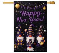 HOMETITUTE Drapeau de maison « Happy New Year » - 71,1 x 101,6 cm - Drapeau de jardin double face - Gnomes violets - Champagne - Design cadeau - Bannière de vacances d'hiver - Grand drapeau