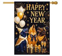 HOMETITUTE Drapeau de maison « Happy New Year » - 71,1 x 101,6 cm - Drapeau de jardin double face - Motif chiens - Ballons champagne et cadeau - Bannière d'hiver - Grand drapeau d'extérieur en