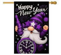 HOMETITUTE Drapeau de maison « Happy New Year » - 71,1 x 101,6 cm - Drapeau de jardin double face - Nain violet tenant du champagne et de l'horloge - Bannière de vacances d'hiver - Grand drapeau