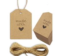 HOMETOOLS.EU® 100 étiquettes en papier kraft naturel, étiquettes cadeaux, étiquettes en papier, carton étiquettes cadeaux, 5,5x4 cm, avec 10 m de ficelle de jute, "Made with Love" cœur, brun naturel