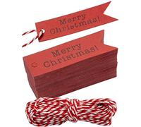 HOMETOOLS.EU® - 100pcs Papier Kraft Carton, Étiquettes Cadeaux Étiquettes Papier Tags Étiquette Étiquette 7x2cm avec 10m de Ficelle pour Emballage Cadeau - Merry Christmas - Rouge