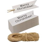 HOMETOOLS.EU® - Lot de 100 étiquettes en papier kraft, carton, étiquettes cadeaux, étiquettes en papier, 7 x 2 cm, avec 10 m de ficelle de jute, pour emballer des cadeaux - Merry Christmas - Blanc