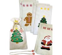 Hometools.Eu® Lot de 6 sacs en toile de jute pour sapin de Noël 19 x 10 cm motifs père Noël, sapin de Noël, bonhomme en pain d’épices, pour la saint-Nicolas, Noël, décoration de table