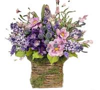 HomeVortex Couronne de panier de lavande artificielle, 40 cm en rotin naturel à suspendre à la porte d'entrée avec baies roses pour la fête des mères, la Saint-Valentin, la maison, le jardin, une fête
