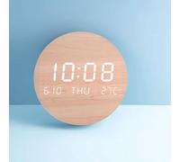 HomeVortex Horloge murale numérique LED avec température intérieure, fonctionnement silencieux, jour/date/heure, construction en bois MDF (couleur bois massif)