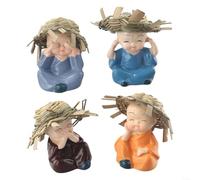 HomeVortex Lot de 4 adorables petits moines en résine, figurines de poupées Shaolin mignonnes pour décoration de maison, jardin, voiture, adorables ornements bouddhistes 6 x 6,5 cm