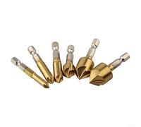 HomeVortex Lot de 6 forets coniques à 5 cannelures, 90 degrés HCS 6-19 mm, avec tige hexagonale 1/4, pour bois, métal, plastique, aluminium, doré