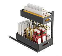 HomeVortex Organiseur de placard coulissant à 2 niveaux, hauteur réglable sous évier, étagère de rangement pour cuisine et salle de bain, étagère coulissante en métal robuste, noir, 44 x 41 x 26 cm