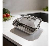 HomeVortex Plat à lasagnes commercial avec couvercle, plat de cuisson en acier inoxydable, plaque de cuisson profonde de 2 mm d'épaisseur pour cocotte, passe au four jusqu'à 260 °C, argenté