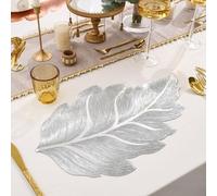 HomeVortex Set de table nordique en PVC pour feuilles d'érable, 50 x 30 cm, résistant à la chaleur, antidérapant, imperméable, avec feuille d'or, pour cuisine, salle à manger, salon (argent)