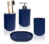 Homewear Lot de 4 accessoires de bain caoutchoutés avec pompe à lotion, porte-savon, gobelet, porte-brosse à dents, décoration minimaliste moderne, bleu marine