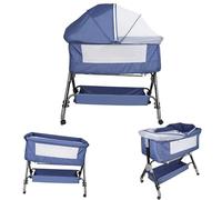 homewell 2 en 1 Berceau Bebe & Lit Cododo Bébé à 4 Roues, Réglage de l'inclinaison et 4 Hauteur, Compatible avec Plusieurs Lits, Grand Panier, Moustiquaire (Bleu Marine)