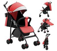 Homewell 2 en 1 Poussette Pliante, Pousette Canne Multipositions, Poussete Compacte et Légère, Peut être assis ou allongé, Poussette de Voyage avec Poignée Permet de Contrôler la Direction (Rouge)