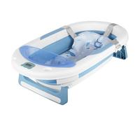 Homewell Baignoire Bébé Pliable avec Coussin Support, Thermomètre à eau et Rince Tete Bebe, Baignoire Enfant avec étagère, 72 * 40 * 23cm (Bleu)