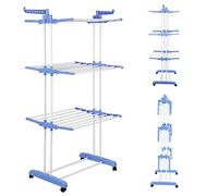 homewell Etendoir Linge avec Roues, 4 Niveaux Grande Sechoir a Linge Pliable, Seche Linge Etendoir pour Intérieur et Extérieur, Plastique + Tuyau en Acier au Carbone, 75 * 49 * 170 cm (Bleu+Blanc)