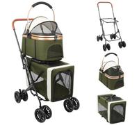 Homewell Poussette à double étage pliable avec boîte de transport amovible, compartiment de rangement et fenêtres en filet, pliable, jogger pour animaux de compagnie, jusqu'à 40 kg (vert olive)