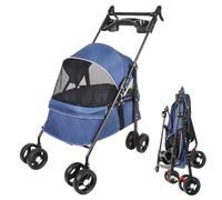 Homewell Poussette pour Chats et Chien Pliable, Buggy pour Animaux, Chariot pour Chat Portable, avec Panier Aéré et Porte-gobelets, Charge 15KG (Bleu)