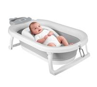 Homewell XXL Baignoire Bébé Pliable, Baignoire Enfant avec Coussin Support, Thermomètre à eau et Rince Tete Bebe, Bathtub Confort Voyage, 82 * 43 * 33cm, Gris (Feuilles)