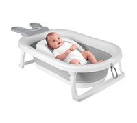 Homewell XXL Baignoire Bébé Pliable, Baignoire Enfant avec Coussin Support, Thermomètre à eau et Rince Tete Bebe, Bathtub Confort Voyage, 82 * 43 * 33cm, Gris (Oreilles de lapin)