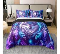 Homewish 100% Coton Housse de Couette 220x240 Enfant Imprimé Animal Loup, Parure de Lit Attrape-Rêves Bohème, Sets de Housses de Couettes Motif Plumes Bohème, Couvre Lit Galaxie Mystère