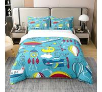 Homewish 100% Coton, Housse de Couette Avion 220x240 Enfant, Ensemble de Literie Vol Avion Montgolfière, Parure de Lit Avion Volant Fusée Spatiale, Housse Couette Espace Extra-Atmosphérique