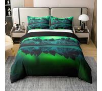 Homewish Aurora Coton Housse de Couette 140x200,Mountain Lake Chambre Décoration Parure de Lit,Aurora Boreal Imprimé Fille Lit Literie Set,Noir Vert Galaxie Étoile Couvre Lit