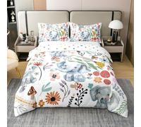 Homewish Bande Dessinée Éléphant Coton Housse de Couette,Jungle Animaux Confort Housse de Couette 200x200,Bleu Mignon Éléphant Literie Set,Fleurs Colorées Champignons Housse de Couette