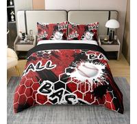 Homewish Baseball Coton Housse de Couette 220x240,Décor de Chambre en Nid d'abeille Vintage Parure de Lit,Jeu de Balle Sport Imprimé Literie Set pour Le Lit,Peinture À L'Encre Noir Rouge Couvre Lit