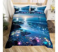 Homewish Bleu Océan Housse de Couette 240 x 260 cm avec 2 Taies d'oreiller, Parure de Lit Plage Côtière Néon Couvre Lit 2 Personnes Voilier Nautique, Sets de Housses de Couettes Été Mer Nature