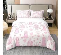 Homewish Cartoon Rose Fille Castle Housse de Couette Coton Biologique,Imprimé Coeur Parure de Lit 140x200,Ensemble de Literie Rose Style Fille,Pois Roses Couvre Lit avec 1 Taie d'oreiller