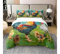 Homewish Coq Coloré Coton Biologique Housse de Couette,Ensemble de Literie de Poule,Feuilles Vert Rouille Parure de Lit,Animaux D'Élevage de Volaille Couvre Lit avec Fermeture À Glissière,220x240