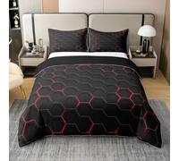 Homewish Coton 3D Nid d'abeille Lit Set Moderne Géométrique Couvre Lit 140x200 Noir Rouge Hexagonal Parure de Lit Gradient Zip Couvre Lit