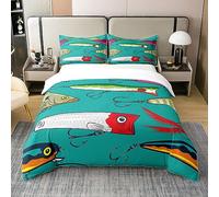 Homewish Coton Appât Housse de Couette 220x240,Ensemble de Literie Appât de Pêche Coloré,Housse de Couette de Confort Marine Cyan,Décor de Chambre À Coucher Crochet Nature Sealife Fishman Literie Set