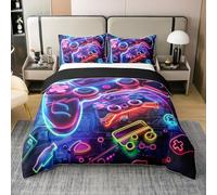 Homewish Coton Biologique Enfants Jeu Vidéo Garçon Chambre Décor Couvre Lit,Gamer Literie,Jeu Cartoon Housse de Couette 220x240,Arc en Ciel Doodle Couvre Lit,Jeu Néon Lignes Parure de Lit