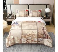 Homewish Coton Biologique, Housse de Couette 140x200 Nautique, Parure de Lit Phare, Ensemble de Literie Voilier Étoile de Mer, Couvre-Lit Plage Océanique Côtière, Décor Romantique et Frais