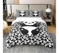 Homewish Coton Biologique, Housse de Couette Kawaii Panda, Ensemble de Literie Pandas 240x260 cm, Parure de Lit Joli Ours Noir et Blanc, Housse Couette Animaux Sauvages Mignons, 3 Pièces