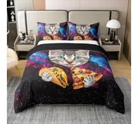 Homewish Coton Biologique pour Enfants Mignon Chat 3D Housse de Couette 240 x 260,Ensemble de Literie Pizza Food,Espace Extérieur Univers Parure de Lit,Kawaii Couvre Lit pour Animaux de Compagnie