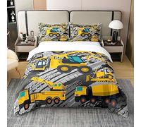 Homewish Coton Camion Housse de Couette 200x200,Garçon Construction Excavatrice Literie Set,Enfants Tracteur Voiture Housse de Confort,Enfants,Grue Bulldozer Grunge Literie Set 2 Taies d'oreiller