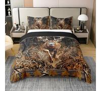 Homewish Coton Chasse Au Cerf Housse de Couette 240 x 260,Ferme Rustique Bois Érable Feuilles d'automne Literie Set,Bois de Wapiti Parure de Lit,Chasseur Western Wildlife Couvre Lit,Brun