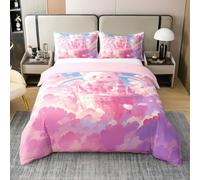 Homewish Coton Château Housse de Couette 220x240,Ours Mignon Amour Romantique Parure de Lit,Dream Rainbow Cloud Vintage Literie Set,Rose Bleu Jaune Animaux Couvre Lit Chambre